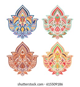 stylized multicolor Vector ornamental Lotus oriental zen tangle design, ethnic henna tattoo in doodles.