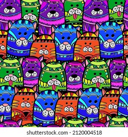 Gatos multicolores estilizados con patrones, fondo marino. Ilustración del vector