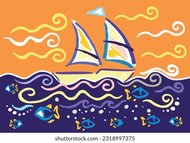 Estilizado multicolor, de fabricación artesanal, ilustración vectorial del paisaje marino con veleros y peces. Arte de estilo sencillo y desnudo.
