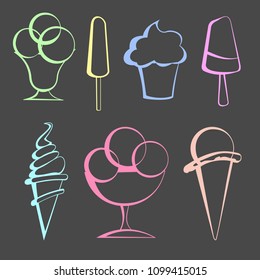 Stylized multi-colored images of different types of ice cream colored crayons on the board.