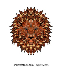 stylized multicolored lion graphic style with patterned mane and herbal ethnic ornaments. beautiful design hand drawn illustration