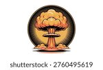 Stylized mushroom cloud explosion illustration with bold orange and yellow tones, dramatic visual concept art