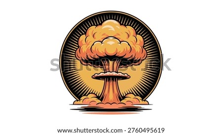 Stylized mushroom cloud explosion illustration with bold orange and yellow tones, dramatic visual concept art