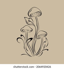 stylized mushroom grows on the ground among the foliage. graphic design
