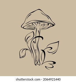 stylized mushroom grows on the ground among the foliage. graphic design