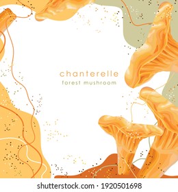 Stylized mushroom on an abstract background. Chanterelle mushroom. Forest food. Banner, poster, wrapping paper, sticker, print, modern textile design. Vector illustration. 