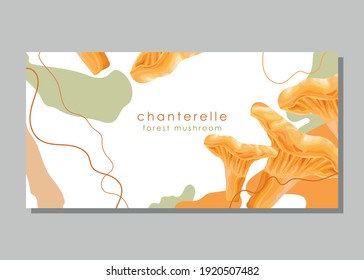 Stylized mushroom on an abstract background. Chanterelle mushroom. Forest food. Banner, poster, wrapping paper, sticker, print, modern textile design. Vector illustration. 