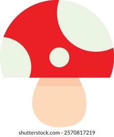 Stylized mushroom with red cap, white spots, and beige stem, resembling Amanita muscaria