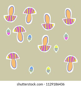 Stylized mushrooms , acorns,doodles,zigzag,spots,dashed lines, tags  pattern . Hand drawn.