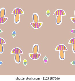 Stylized mushrooms , acorns,doodles,zigzag,spots,dashed lines, tags  seamless  pattern . Hand drawn.