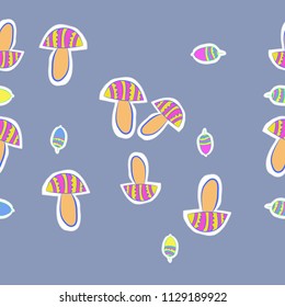 Stylized mushrooms , acorns,doodles,zigzag,spots,dashed lines, tags  seamless  pattern . Hand drawn.