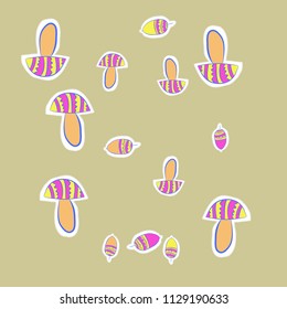 Stylized mushrooms , acorns,doodles,zigzag,spots,dashed lines, tags  pattern . Hand drawn.