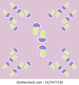 Stylized mushrooms doodles,zigzag,spots,dashed lines, tags  pattern . Hand drawn.