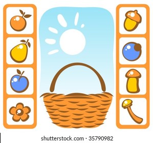 Stylized mushrooms and fruits set with basket.