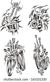 Stylized music emblems - percussion. Set of black and white vector illustrations.