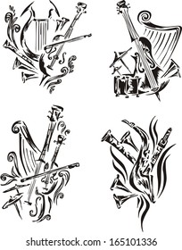 Stylized music emblems - symphony. Set of black and white vector illustrations.