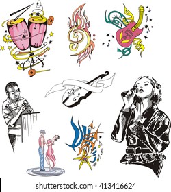 Stylized music instruments and musicians. Set of vector illustrations.