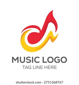 A stylized musical eighth note is depicted with bold flowing lines. The note itself is a vibrant red, while a dynamic swoosh of bright yellow and orange curves around its lower half.