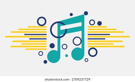 A stylized musical note, rendered in teal, is the central element of the image. Surrounding the note are various geometric shapes, including circles and hori...