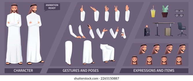 Stylized Muslim Arabic Businessman Character Constructor Pack with Expressions, Emotions, Poses and Some Office Items