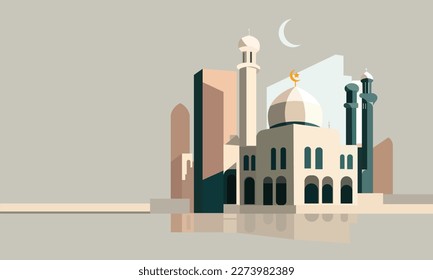 a stylized of a muslim mosque,a flat design of a masjid for Islamic organizations or communities,Beautiful Islam temple icon,crescent and cloud,Vector Illustration,Eid Mubarak greetings,Ramadan Kareem