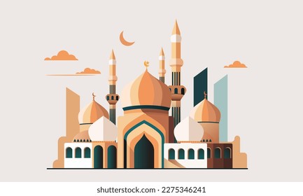 a stylized of a muslim mosque,a flat design of a masjid for Islamic organizations or communities,Beautiful Islam temple icon,crescent and cloud,Vector Illustration,Eid Mubarak greetings,Ramadan Kareem