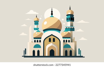 a stylized of a muslim mosque,a flat design of a masjid for Islamic organizations or communities,Beautiful Islam temple icon,crescent and cloud,Vector Illustration,Eid Mubarak greetings,Ramadan Kareem