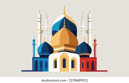 una mezquita musulmana estilizada, un diseño plano de una mezquita para organizaciones o comunidades islámicas, un icono del templo del Hermoso Islam, una nube y media luna, Ilustración vectorial, saludos de Eid Mubarak, Ramadan Kareem