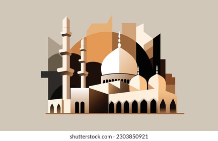 a stylized of a muslim mosque,a flat design of a masjid for Islamic organizations or communities,Beautiful Islam temple icon,crescent and cloud,Vector Illustration,Eid Mubarak greetings,Ramadan Kareem