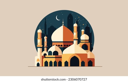 a stylized of a muslim mosque,a flat design of a masjid for Islamic organizations or communities,Beautiful Islam temple icon,crescent and cloud,Vector Illustration,Eid Mubarak greetings,Ramadan Kareem