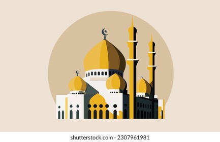 ein stylisierter Moslim, ein flaches Mosque-Design für islamische Organisationen oder Gemeinschaften, Schöne islamische Tempelsymbol, Halbmond und Wolke, Vektorgrafik, Eid Mubarak-Grüße, Ramadan Kareem