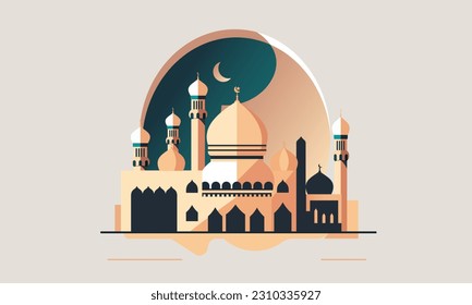 una mezquita musulmana estilizada, un diseño plano de una mezquita para organizaciones o comunidades islámicas, un icono del templo del Hermoso Islam, una nube y media luna, Ilustración vectorial, saludos de Eid Mubarak, Ramadan Kareem