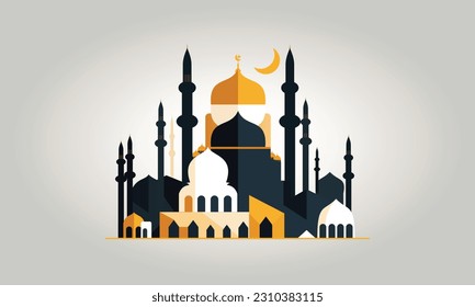 a stylized of a muslim mosque,a flat design of a masjid for Islamic organizations or communities,Beautiful Islam temple icon,crescent and cloud,Vector Illustration,Eid Mubarak greetings,Ramadan Kareem