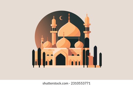 a stylized of a muslim mosque,a flat design of a masjid for Islamic organizations or communities,Beautiful Islam temple icon,crescent and cloud,Vector Illustration,Eid Mubarak greetings,Ramadan Kareem