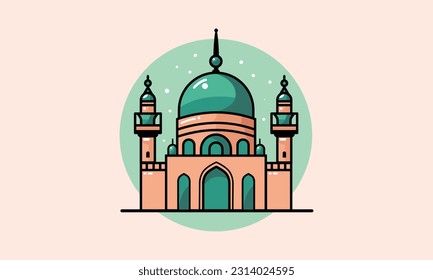 una mezquita musulmana estilizada, un diseño plano de una mezquita para organizaciones o comunidades islámicas, un icono del templo del Hermoso Islam, una nube y media luna, Ilustración vectorial, saludos de Eid Mubarak, Ramadan Kareem