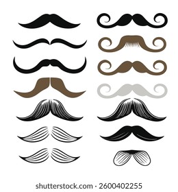 Stylized mustache clipart vector featuring various designs, from classic handlebar to modern and curly styles, in black, brown, and grayscale tones.
