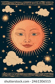 A stylized mystical sun inspired by ancient Slavic motifs, surrounded by stars on a dark blue background. Ideal for A4 posters and prints