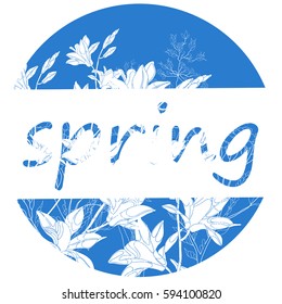 The stylized name of the spring in a circle on a blue background. Vector