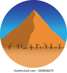 Stylized Namib desert landscape with dune and dry trees