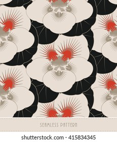 a stylized nasturtium like flower patterns seamless tile in black, ivory and orange