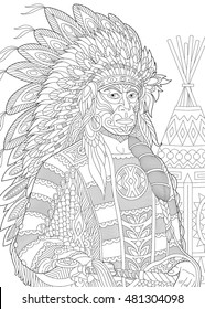 Stylized Native American Indian chief wearing traditional headdress. Freehand sketch for adult anti stress coloring book page with doodle and zentangle elements.
