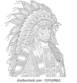 Stylized Native American Indian chief, isolated on white background. Freehand sketch for adult anti stress coloring book page with doodle and zentangle elements.