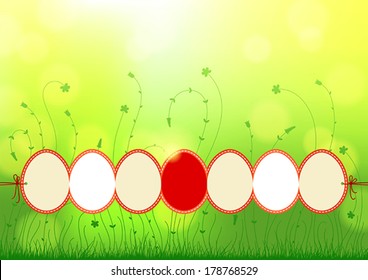 Stylized natural background with plants and colored Easter eggs