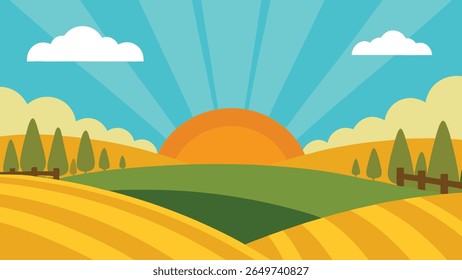 Stylized natural landscape with rolling hills under a clear sky
