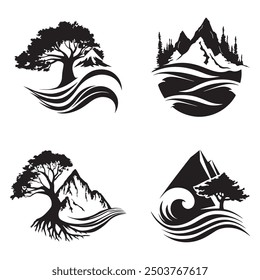Stylized Nature Emblems Featuring Trees, Mountains, 
and Waves in Black and White.