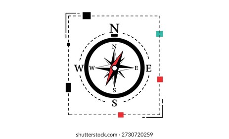 Ilustración de brújula náutica estilizada con direcciones cardinales y una aguja roja rodeada por un borde discontinuo y coloridos Elementos decorativos cuadrados.