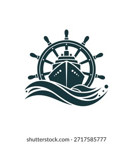 Un emblema náutico estilizado con un barco navegando sobre las olas, enmarcado por la rueda de un barco, todo en una silueta oscura sobre un fondo blanco.