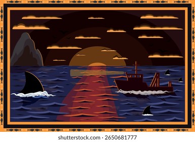 Stylized nautical rug with ship, shark fins, and sunset. Marine border with anchors and fish. Great for textiles, carpets, and ocean-themed decor. EPS10 vector included.