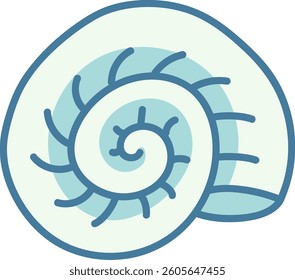 A stylized nautilus shell with bold outlines and a spiral pattern. The shell is depicted in a minimalist style with smooth curves and a clean design. Cartoon vector illustration.