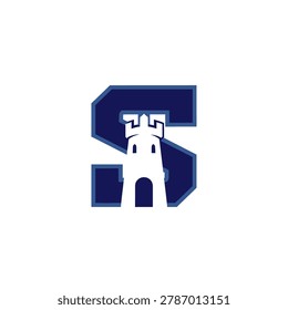 A stylized navy blue letter 'S' with a castle turret in the center on a white background